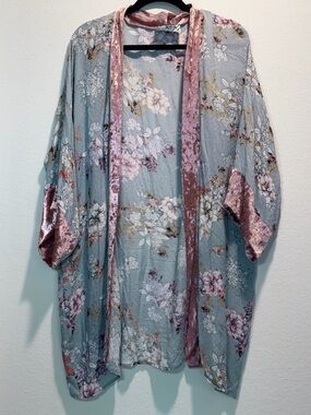 Libby Story Kimono Floral Robe Pink Velvet Trim Boho Duster Cardigan Womens OS